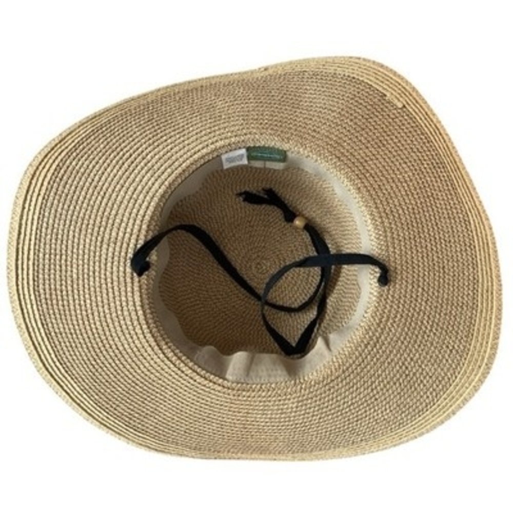 Smith & Hawken Wide Brim Straw Sun Hat Black Ribbon Chin Cord Natural Tan VG - Picture 4 of 10